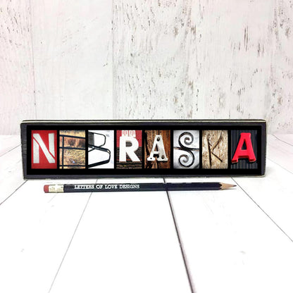 Red Nebraska Word Block | Multiple Sizes | Letters of Love Designs