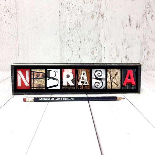 Red Nebraska Word Block | Multiple Sizes | Letters of Love Designs