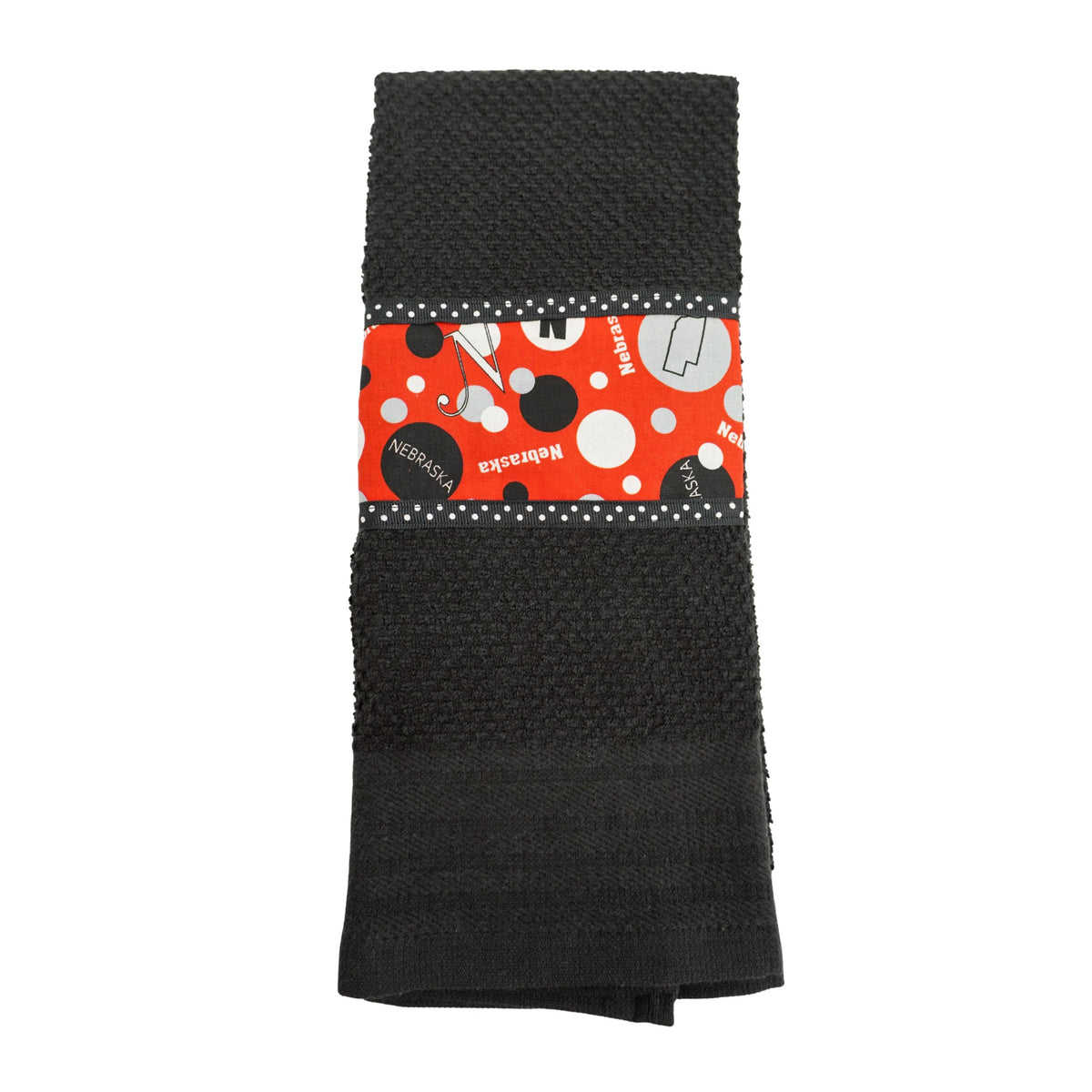 Tea Towel | Multiple Designs | Lori's Specialty Designs Black Towel With Red Nebraska Design