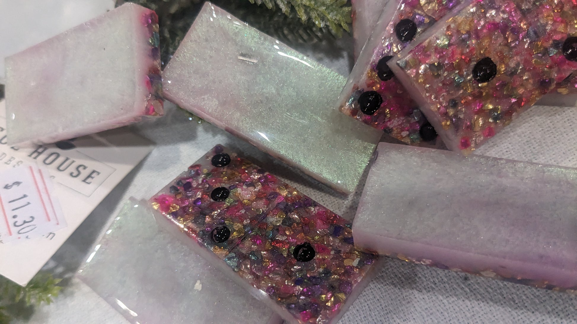 Handcrafted resin Dominoes white, pink filler