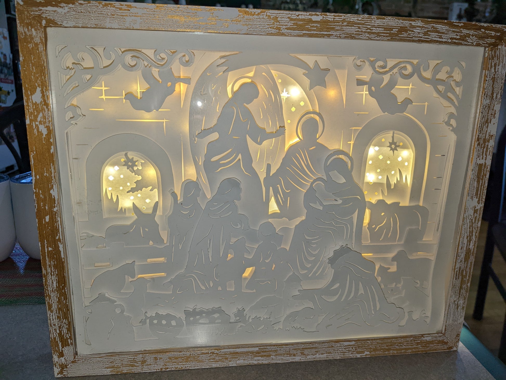 Shadowbox with Lights Black Frame Layered, Cut Cardstock Nativity Scene 8 x 10” Handcrafted sb77