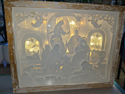 Shadowbox with Lights Black Frame Layered, Cut Cardstock Nativity Scene 8 x 10” Handcrafted sb77