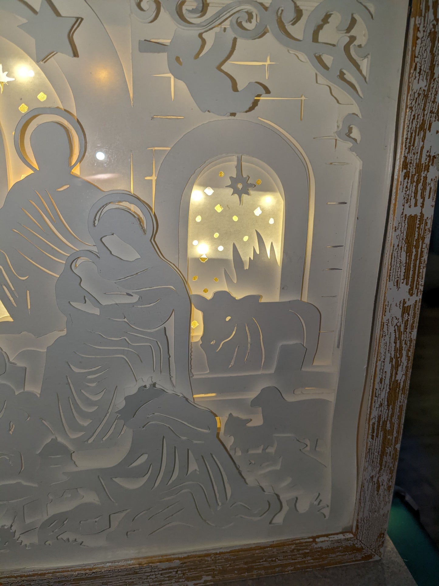 Shadowbox with Lights Black Frame Layered, Cut Cardstock Nativity Scene 8 x 10” Handcrafted sb77