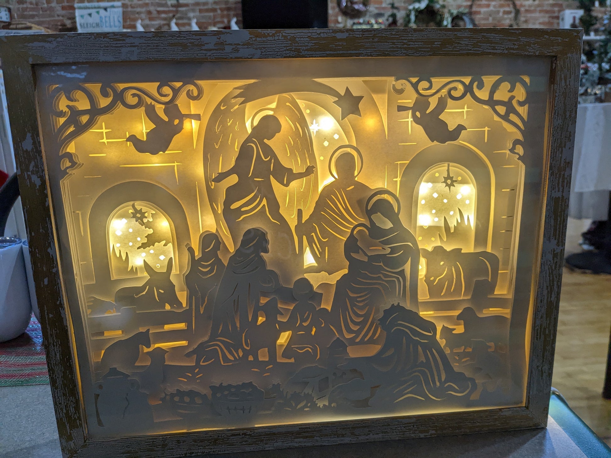 Shadowbox with Lights Black Frame Layered, Cut Cardstock Nativity Scene 8 x 10” Handcrafted sb77