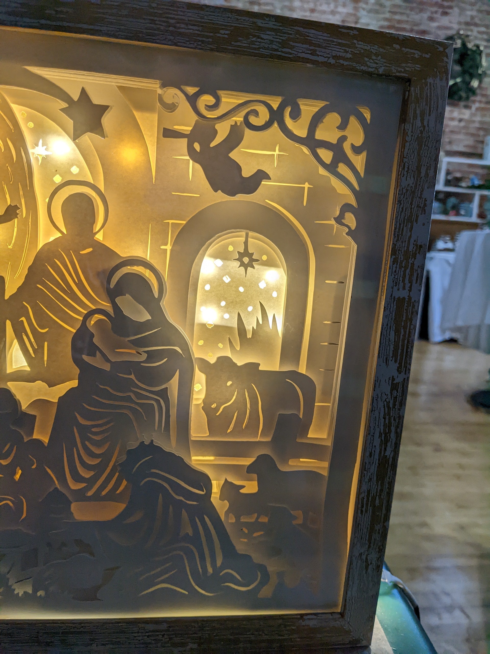 Shadowbox with Lights Black Frame Layered, Cut Cardstock Nativity Scene 8 x 10” Handcrafted sb77