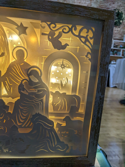 Shadowbox with Lights Black Frame Layered, Cut Cardstock Nativity Scene 8 x 10” Handcrafted sb77