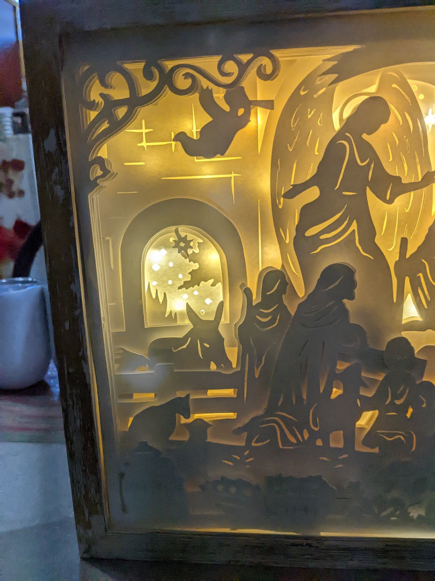 Shadowbox with Lights Black Frame Layered, Cut Cardstock Nativity Scene 8 x 10” Handcrafted sb77