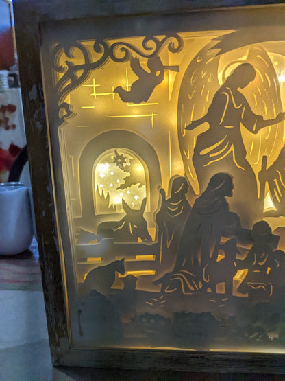 Shadowbox with Lights Black Frame Layered, Cut Cardstock Nativity Scene 8 x 10” Handcrafted sb77