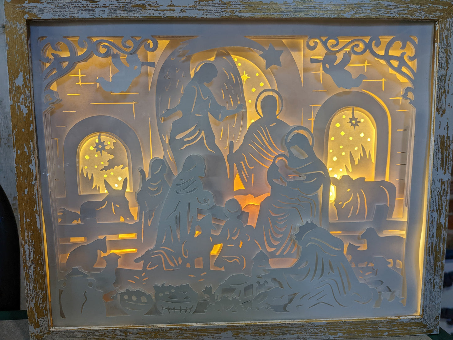 Shadowbox with Lights Black Frame Layered, Cut Cardstock Nativity Scene 8 x 10” Handcrafted sb77