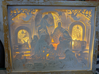 Shadowbox with Lights Black Frame Layered, Cut Cardstock Nativity Scene 8 x 10” Handcrafted sb77