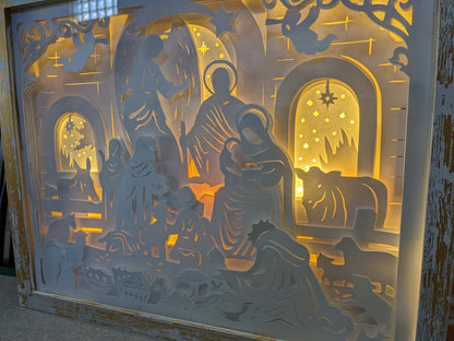 Shadowbox with Lights Black Frame Layered, Cut Cardstock Nativity Scene 8 x 10” Handcrafted sb77