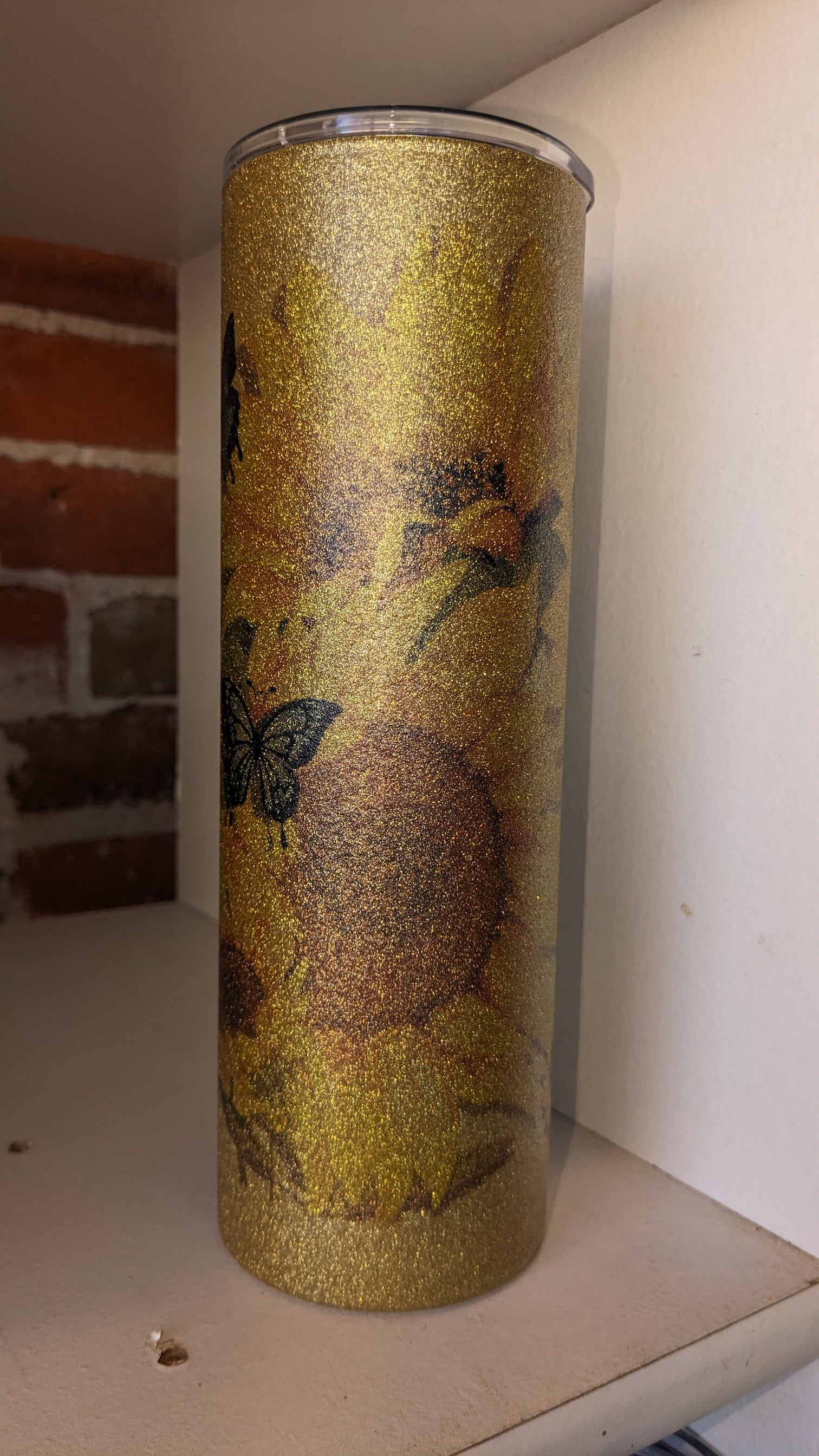 20 Oz Stainless Steel Insulated Glitter Tumbler Butterflies And Sunflowers AS IS 20gb