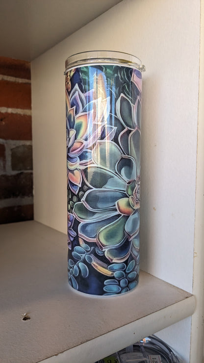 20 Oz Stainless Steel Insulated Tumbler With Two Tops And A Succulent Pattern ts6