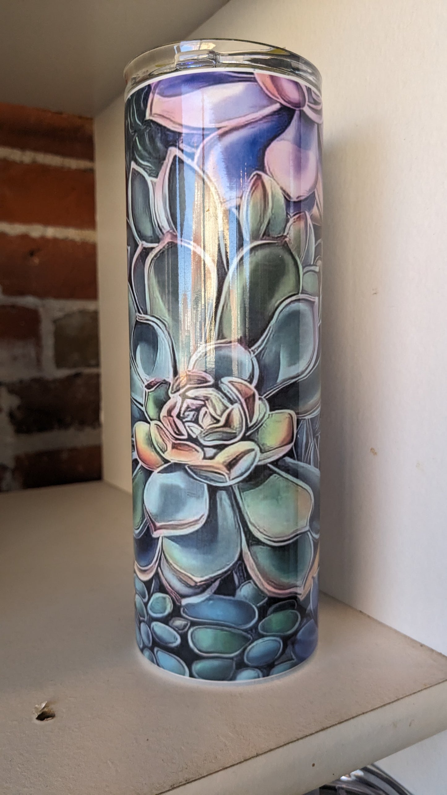 20 Oz Stainless Steel Insulated Tumbler With Two Tops And A Succulent Pattern ts6