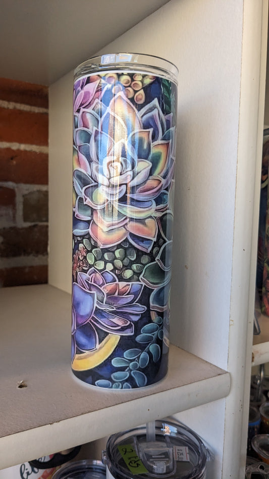20 Oz Stainless Steel Insulated Tumbler With Two Tops And A Succulent Pattern ts6