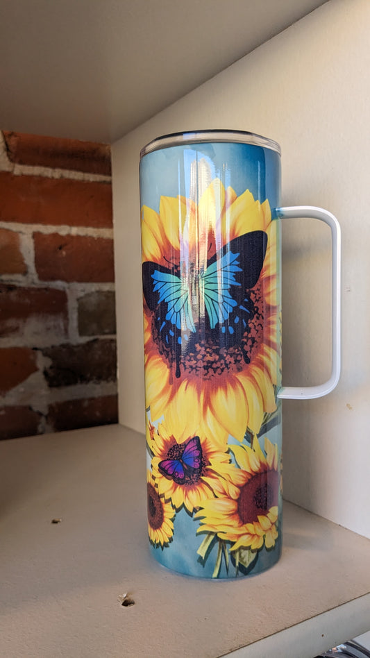 20 Oz Stainless Steel Insulated Tumbler With A Handle Butterflies And Sunflowers thb6