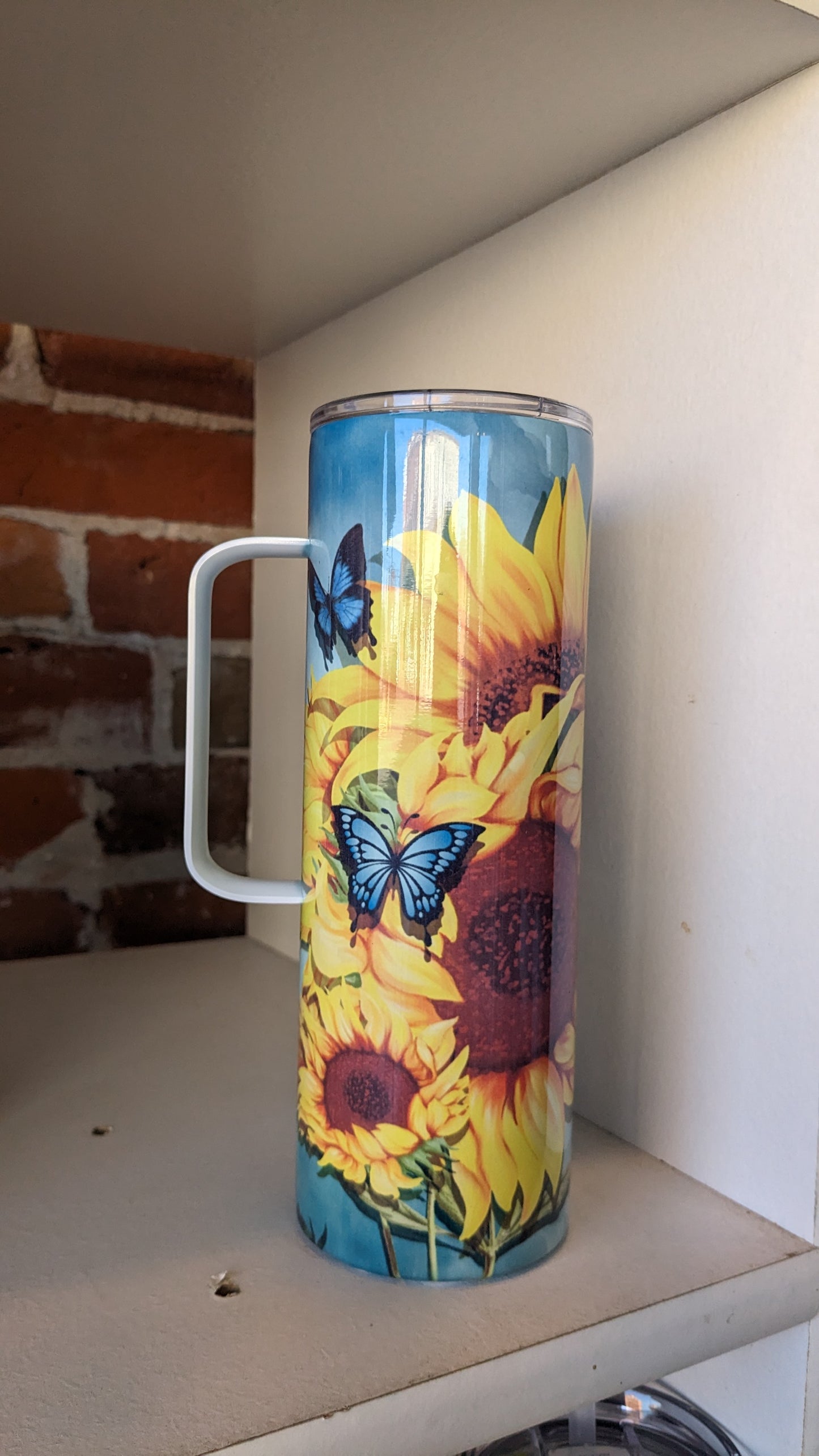 20 Oz Stainless Steel Insulated Tumbler With A Handle Butterflies And Sunflowers thb6