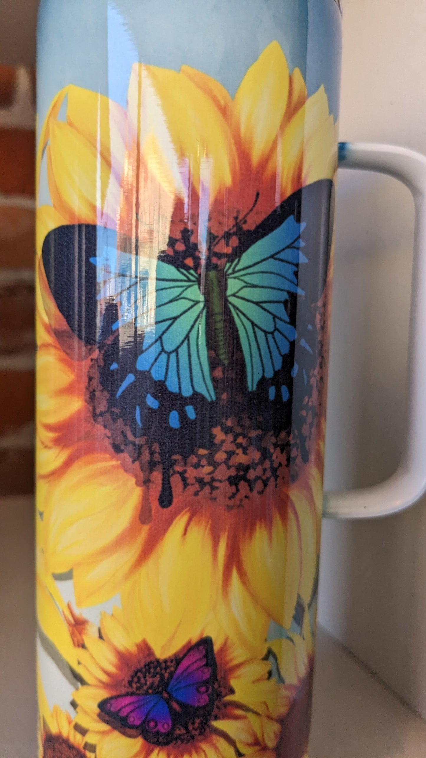 20 Oz Stainless Steel Insulated Tumbler With A Handle Butterflies And Sunflowers thb6