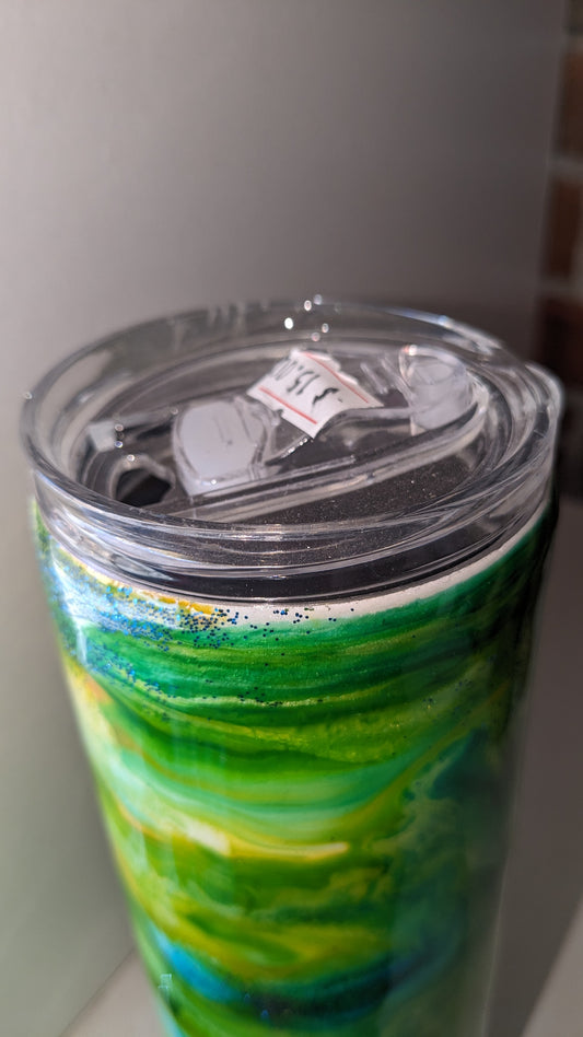 20 Oz Stainless Steel Insulated Tumbler Crafted with Resin Alcohol Ink Yellow Green Blue Has Bumpy Flaws in resin AS IS CLEARANCE ai17