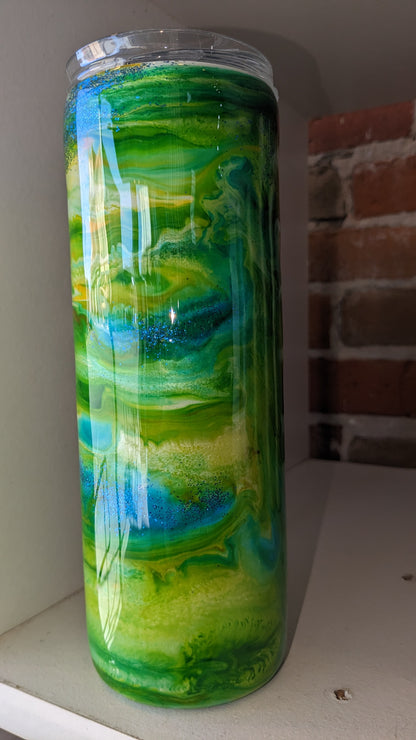 20 Oz Stainless Steel Insulated Tumbler Crafted with Resin Alcohol Ink Yellow Green Blue Has Bumpy Flaws in resin AS IS CLEARANCE ai17