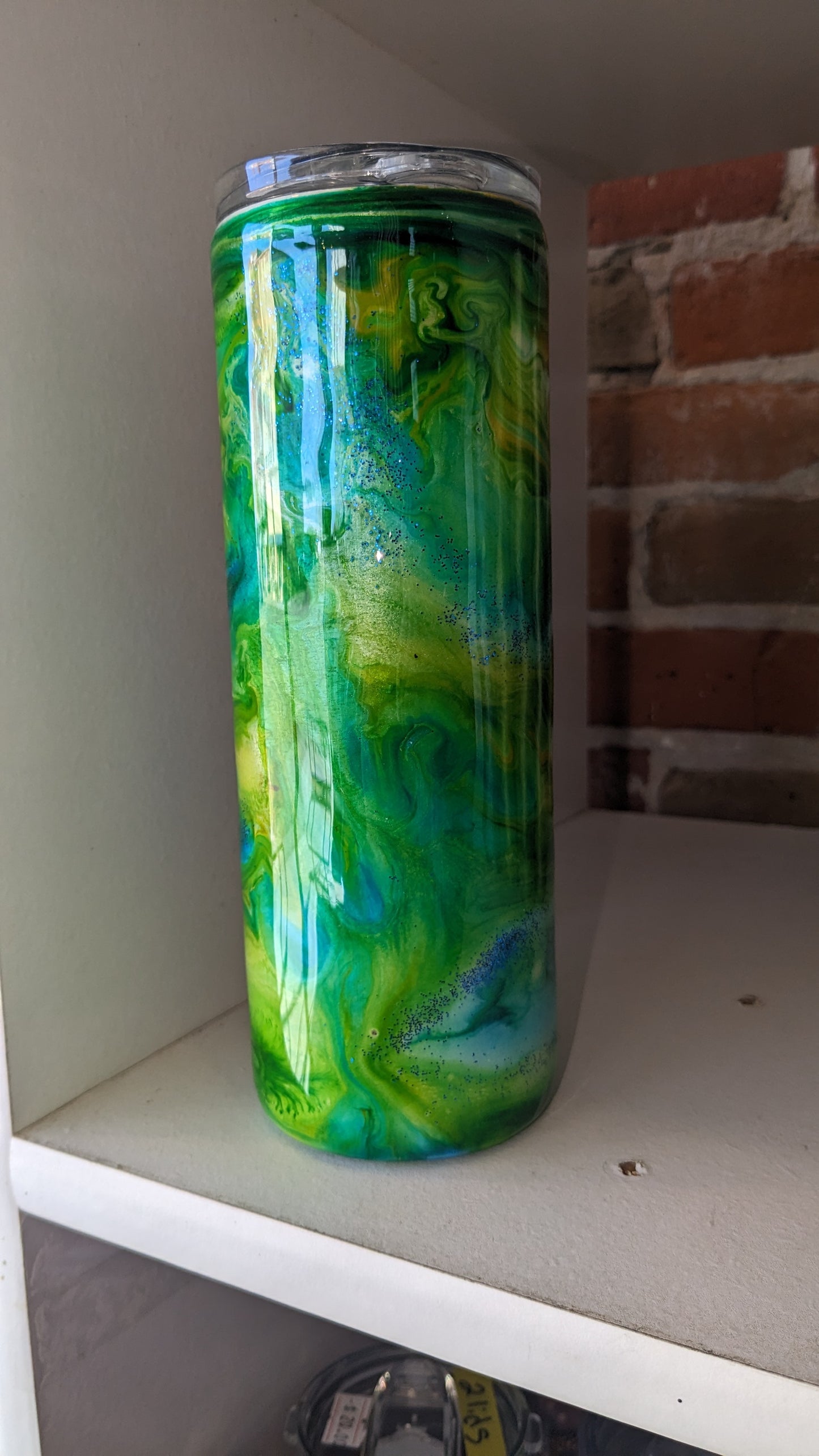 20 Oz Stainless Steel Insulated Tumbler Crafted with Resin Alcohol Ink Yellow Green Blue Has Bumpy Flaws in resin AS IS CLEARANCE ai17