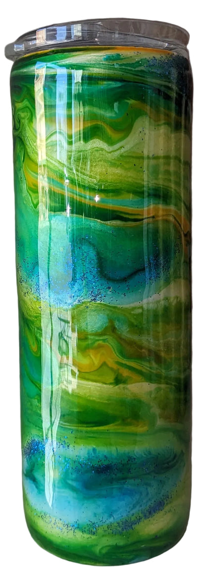20 Oz Stainless Steel Insulated Tumbler Crafted with Resin Alcohol Ink Yellow Green Blue Has Bumpy Flaws in resin AS IS CLEARANCE ai17