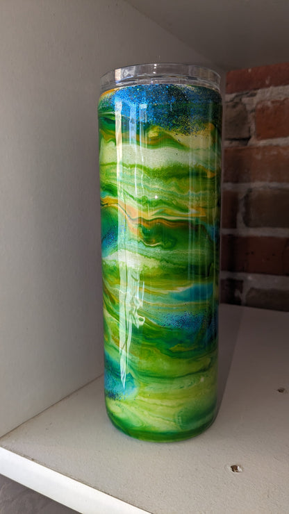 20 Oz Stainless Steel Insulated Tumbler Crafted with Resin Alcohol Ink Yellow Green Blue Has Bumpy Flaws in resin AS IS CLEARANCE ai17