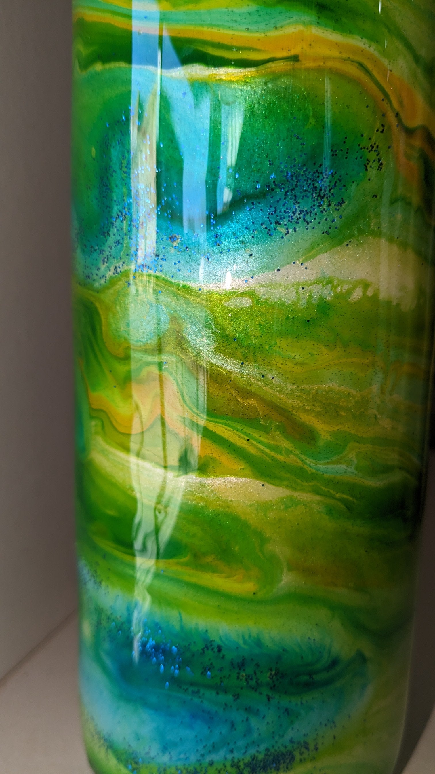 20 Oz Stainless Steel Insulated Tumbler Crafted with Resin Alcohol Ink Yellow Green Blue Has Bumpy Flaws in resin AS IS CLEARANCE ai17
