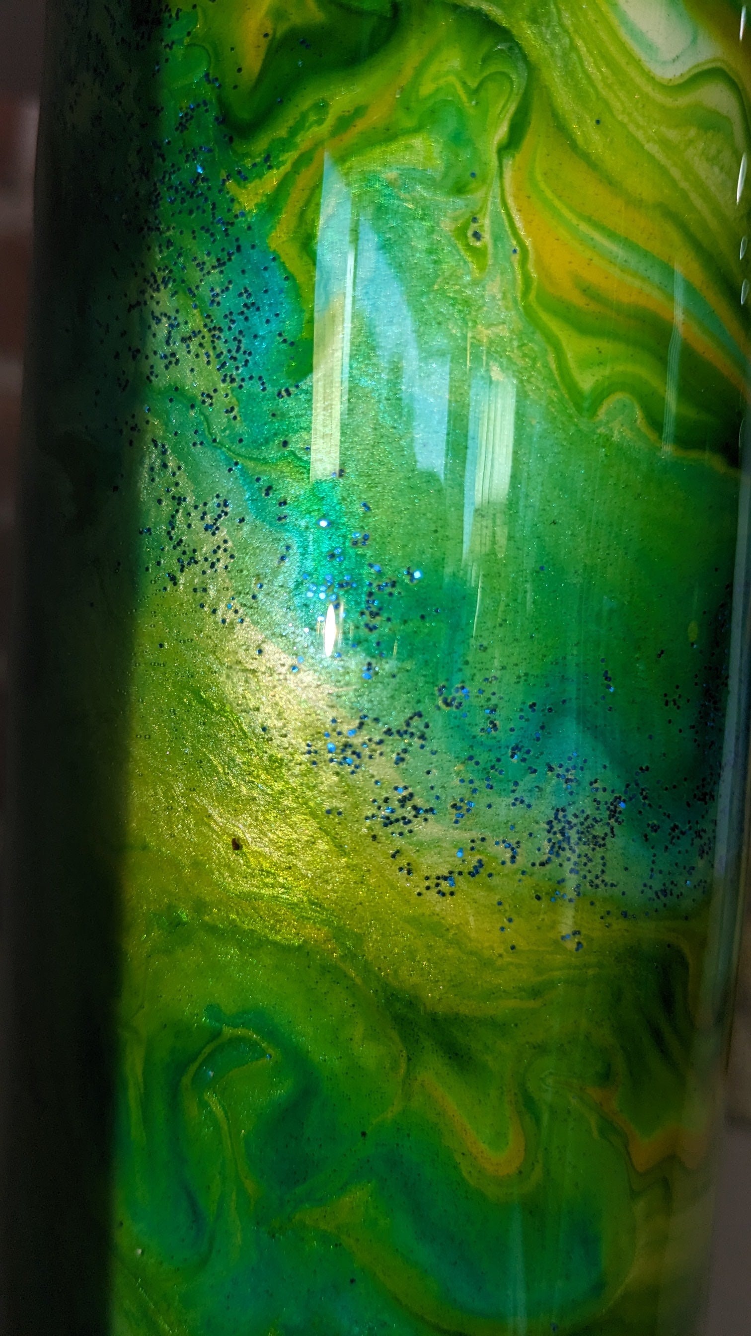 20 Oz Stainless Steel Insulated Tumbler Crafted with Resin Alcohol Ink Yellow Green Blue Has Bumpy Flaws in resin AS IS CLEARANCE ai17