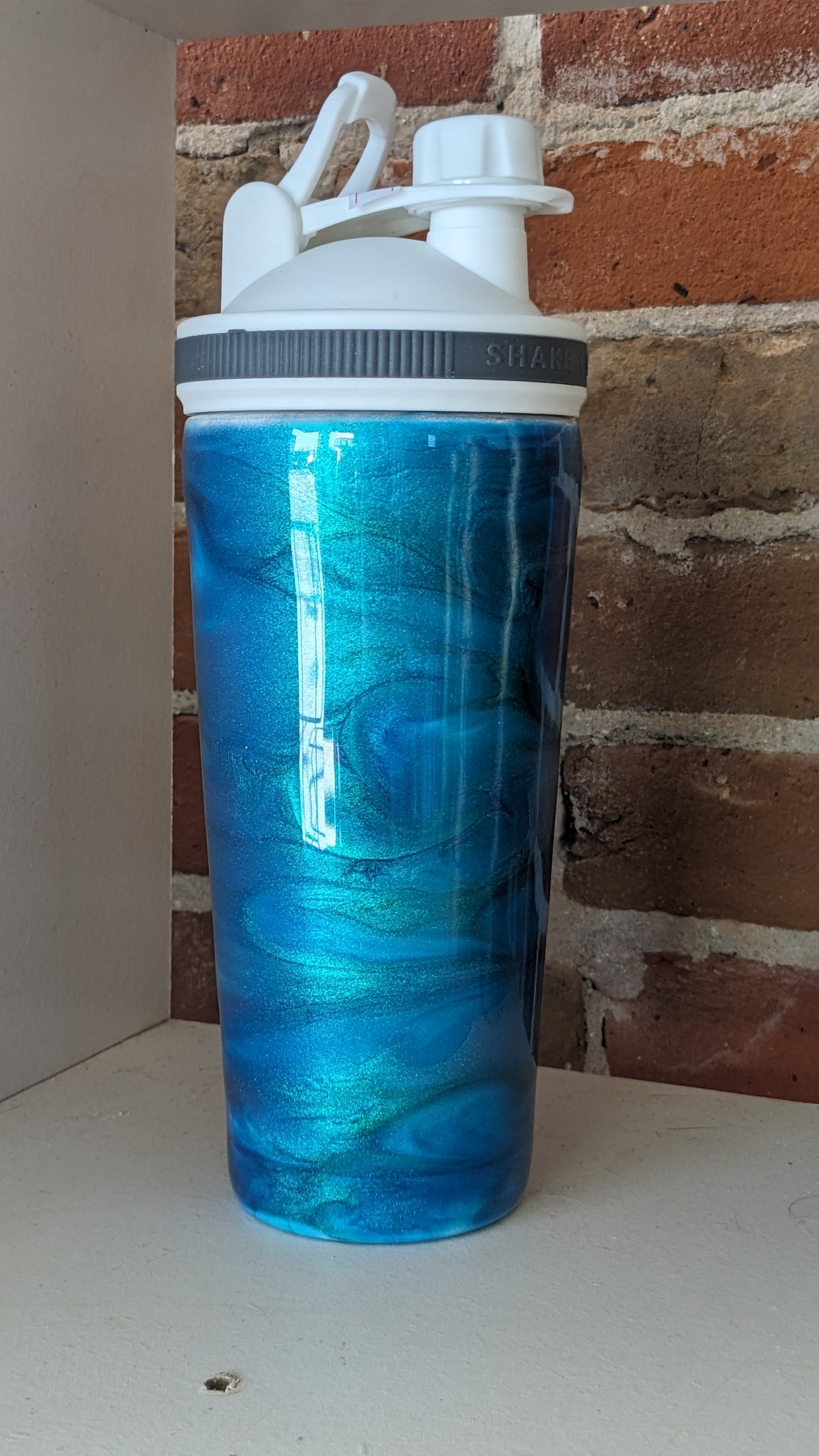 24 Oz Shaker Tumbler, Alcohol Ink blue, teal, green AS IS rough and uneven resin ais