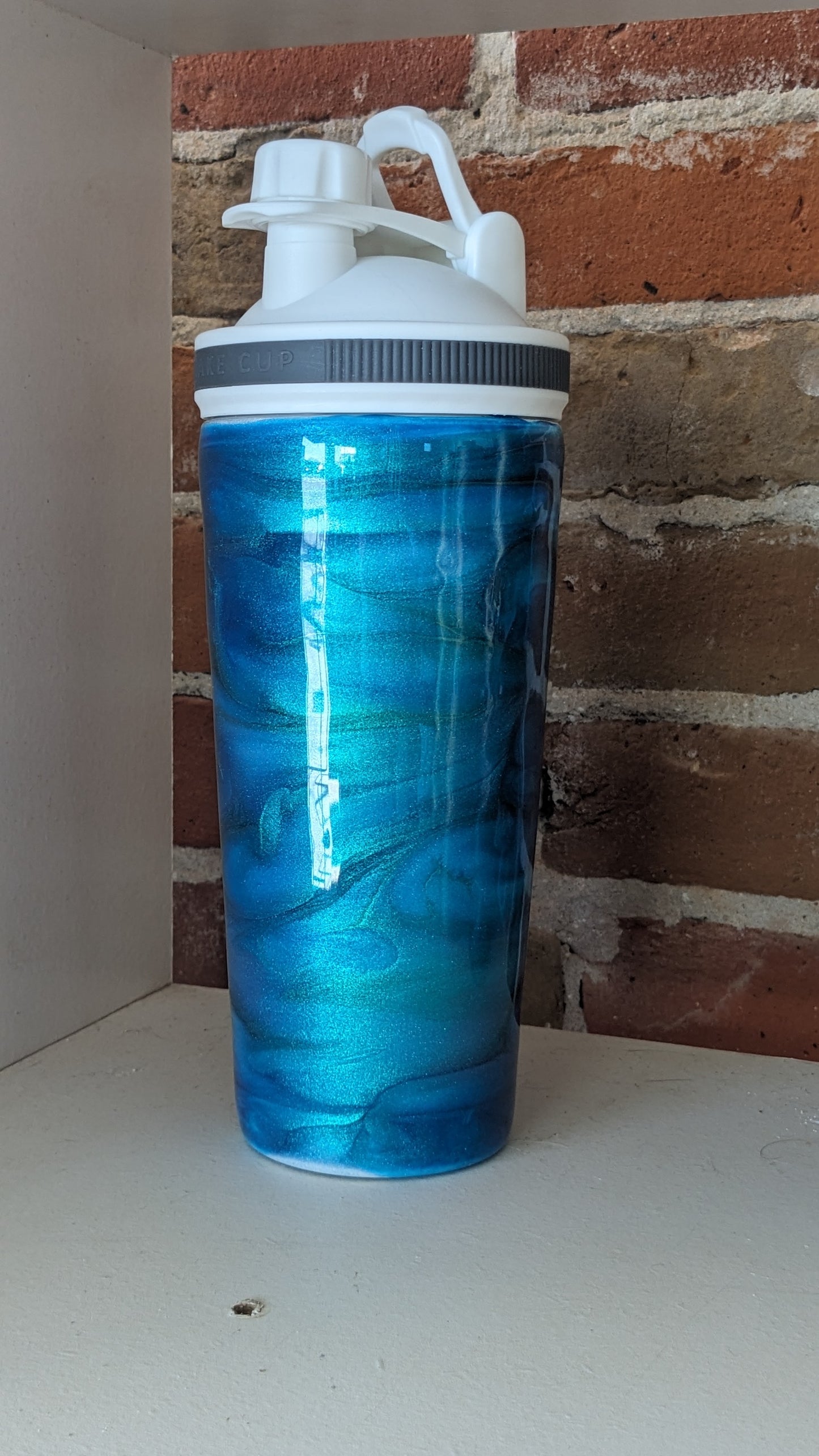 24 Oz Shaker Tumbler, Alcohol Ink blue, teal, green AS IS rough and uneven resin ais