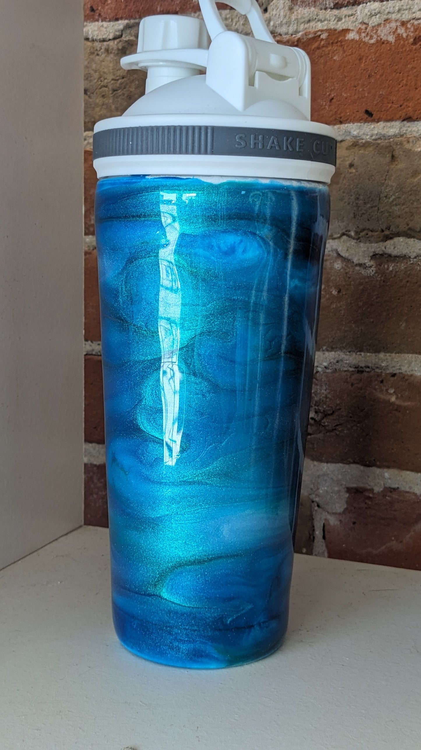24 Oz Shaker Tumbler, Alcohol Ink blue, teal, green AS IS rough and uneven resin ais