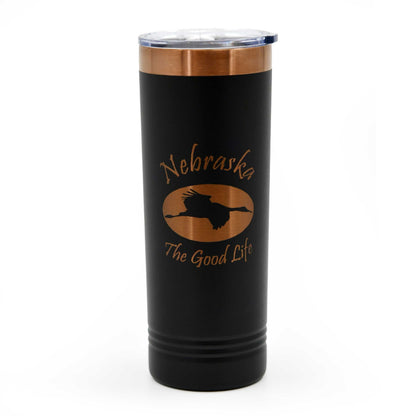 Sandhill Crane Skinny Tumbler with Slider Lid | 22 oz | Black With Rose Gold Engraving | RCK Creations & More