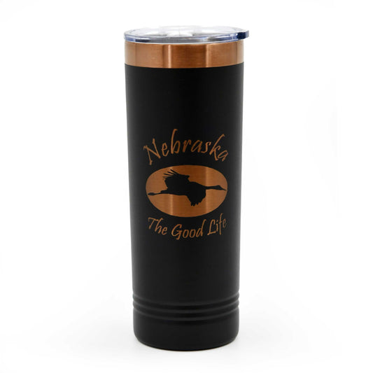 Sandhill Crane Skinny Tumbler with Slider Lid | 22 oz | Black With Rose Gold Engraving | RCK Creations & More