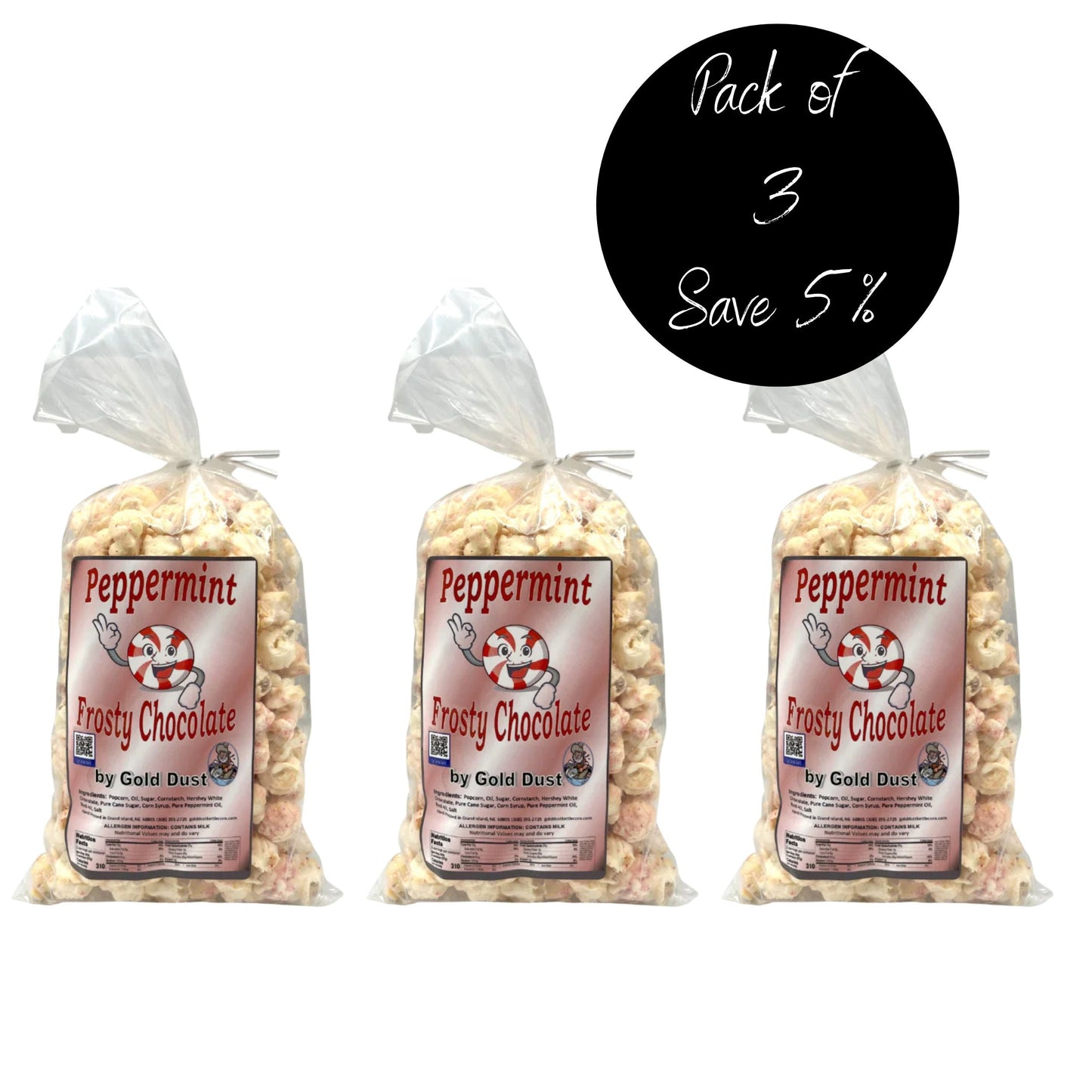 IN-STORE PICKUP ONLY | Peppermint White Chocolate Covered Kettle Corn | Pack of 3 | 5 oz | Non-GMO | Gold Dust Kettle Corn