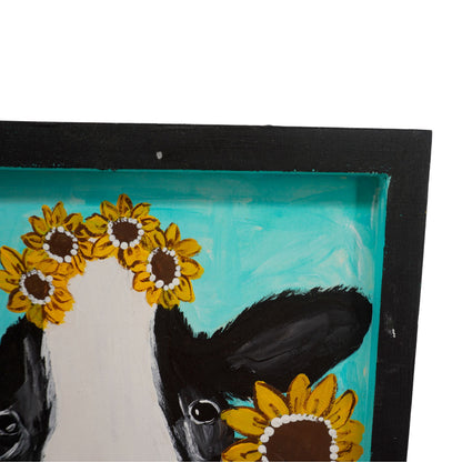 Louise the Sunflower Cow Wooden Canvas Painting | 9.75" x 13.25" | The Painted Attic