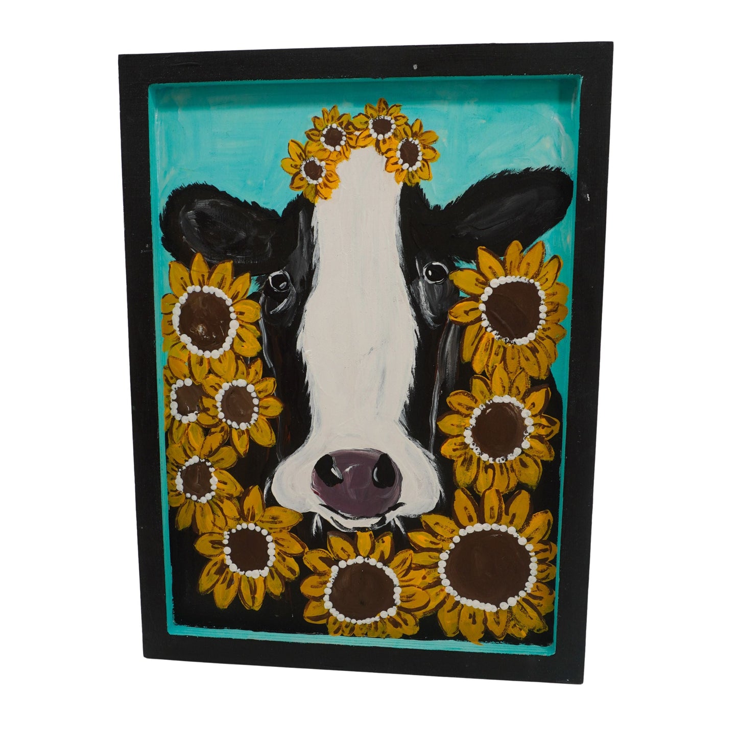 Louise the Sunflower Cow Wooden Canvas Painting | 9.75" x 13.25" | The Painted Attic