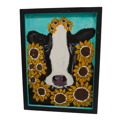 Louise the Sunflower Cow Wooden Canvas Painting | 9.75" x 13.25" | The Painted Attic