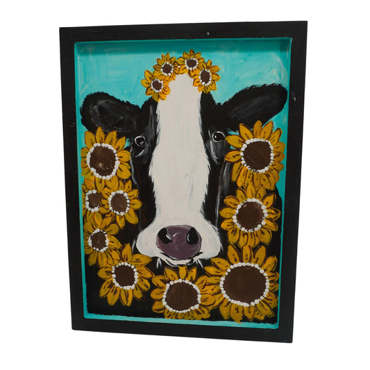 Louise the Sunflower Cow Wooden Canvas Painting | 9.75" x 13.25" | The Painted Attic