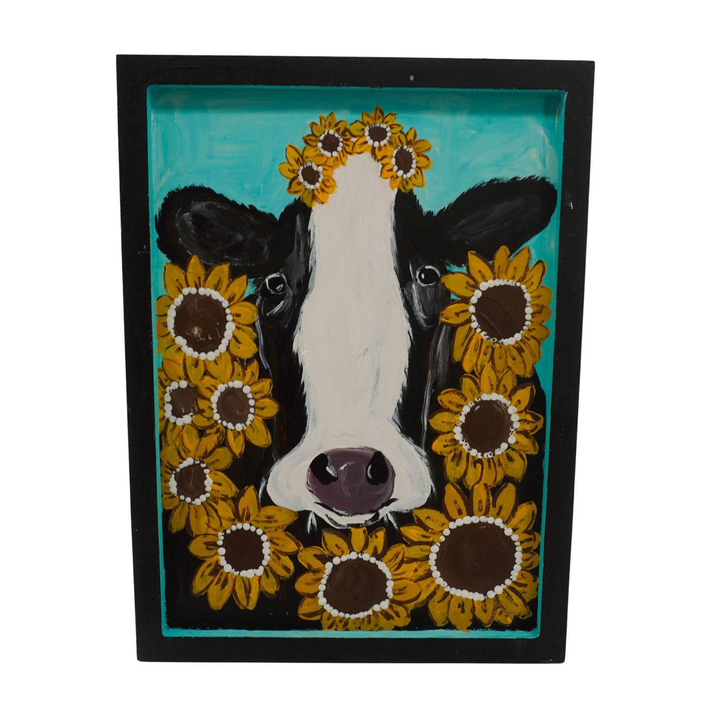 Louise the Sunflower Cow Wooden Canvas Painting | 9.75" x 13.25" | The Painted Attic