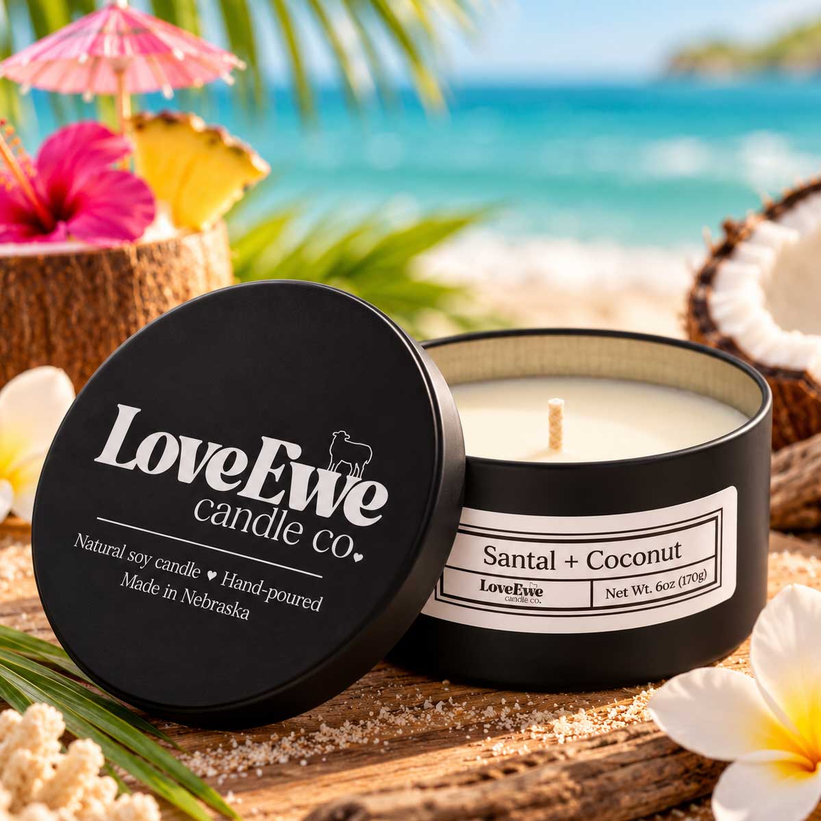 SALE SMALL DENT ON LID | Santal + Coconut Scented Candle | 6 oz | Love Ewe Candle Company
