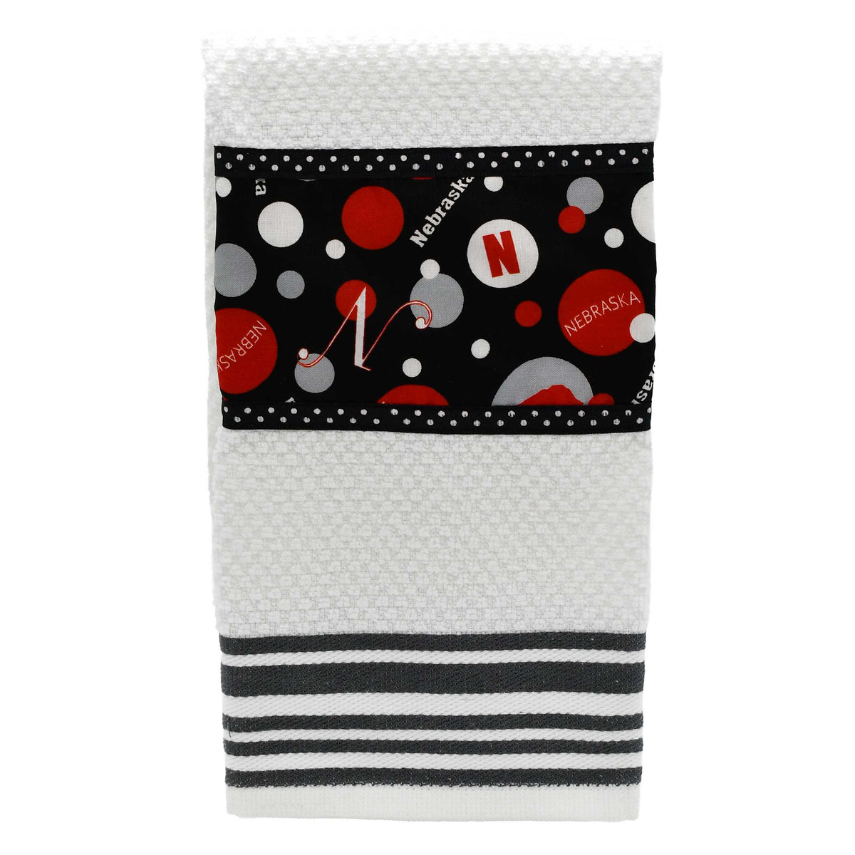 Tea Towel | Multiple Designs | Lori's Specialty Designs White Towel With Black Nebraska Design + Grey Lines