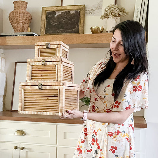 Woven Storage Boxes with Metal Clasps, Set of 3