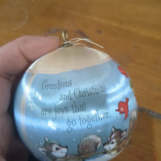 Vintage 1980 Hallmark Grandson Satin Ornament Snowman Tree Raccoons Skating Sled