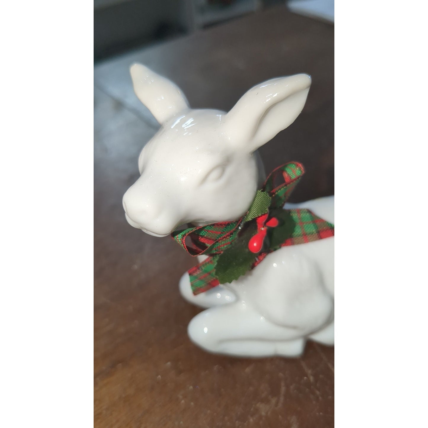 white porcelain reindeer with plaid bow