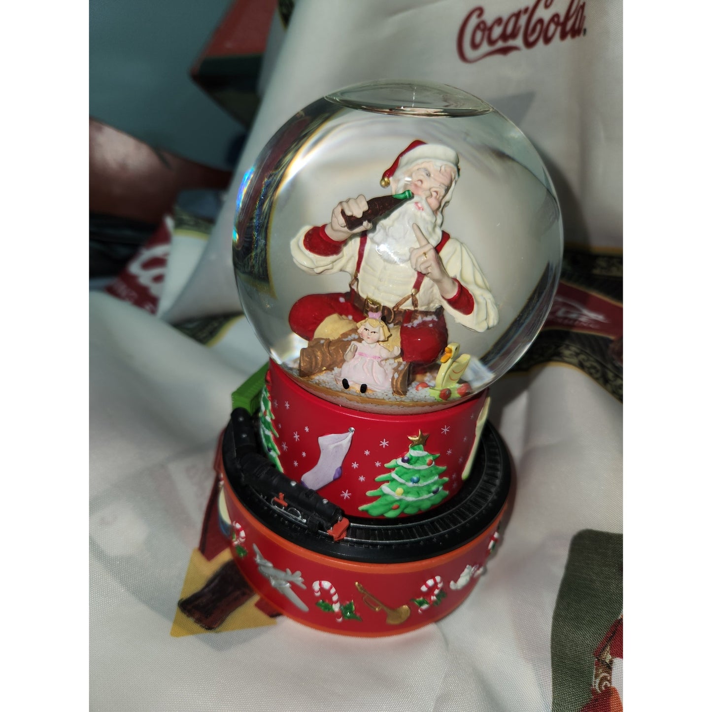 Copied - Hallmark 2001 Coca-Cola Coke Santa Christmas Musical Snow Globe Vintage Moving Train cc240