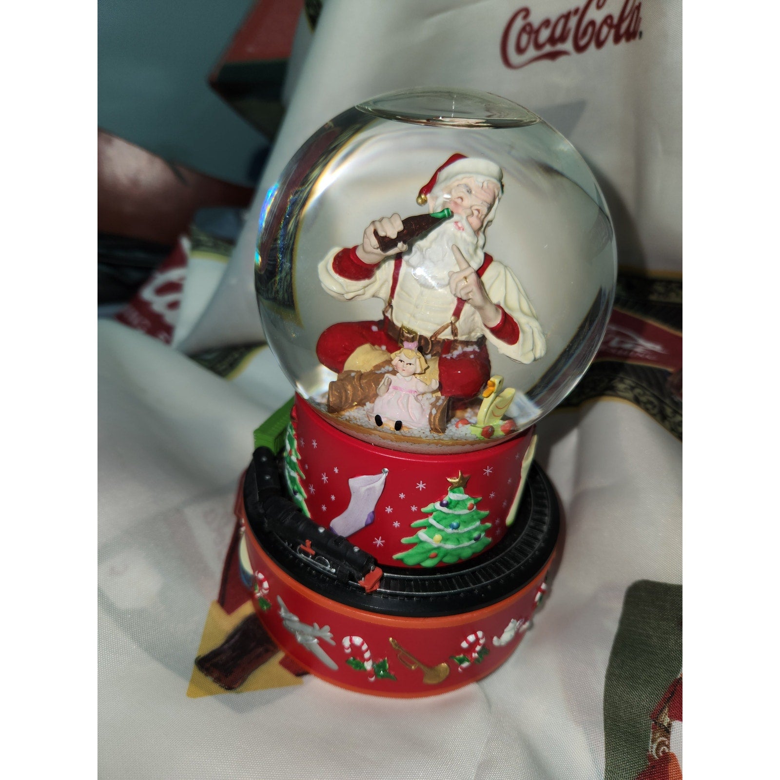 Copied - Hallmark 2001 Coca-Cola Coke Santa Christmas Musical Snow Globe Vintage Moving Train cc240