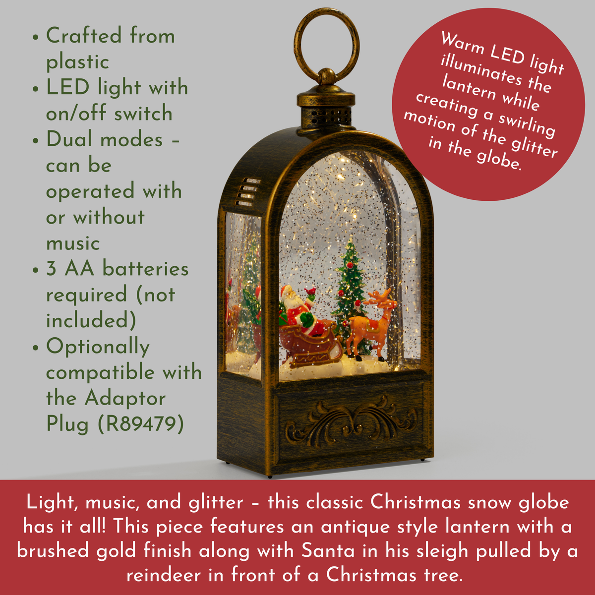 LED Lantern Musical Snow Globe w/Santa’s Sleigh
