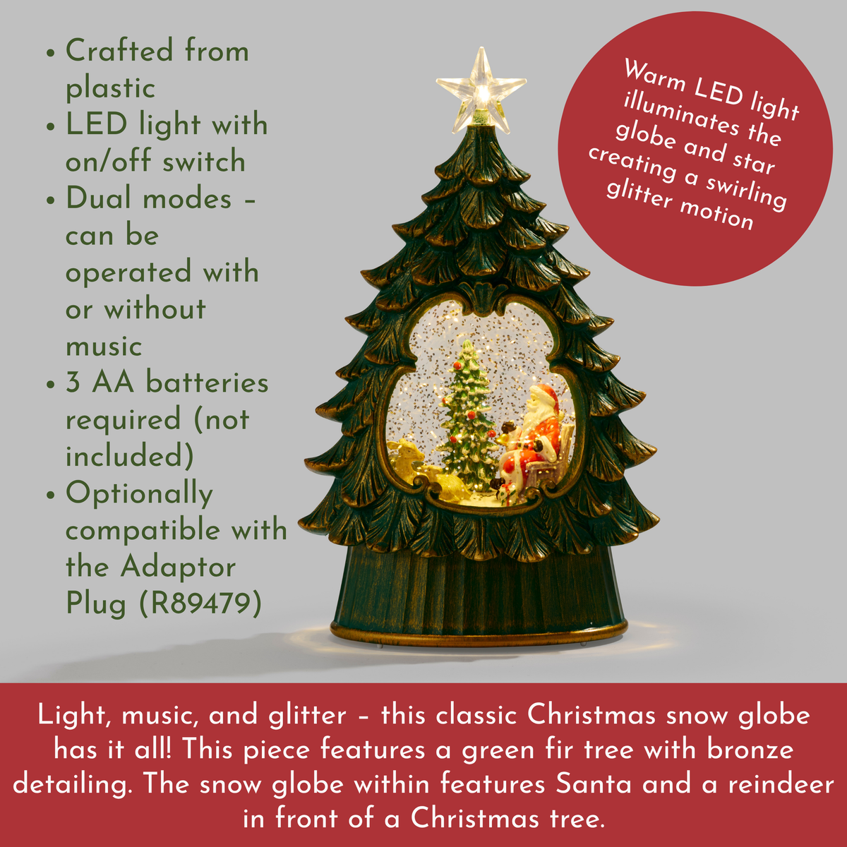 LED Evergreen Tree Musical Snow Globe w/Santa
