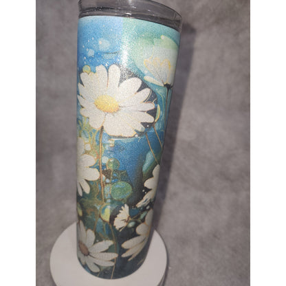 20 oz Stainless Steel Glitter Tumbler Flowers Daisy Dasies